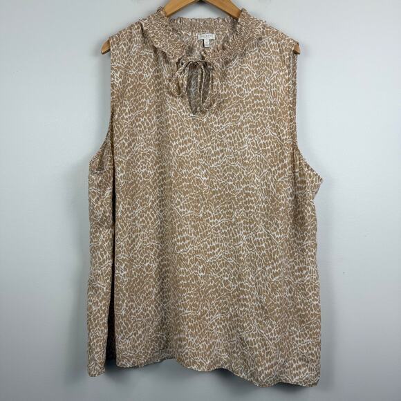 Talbots Top Women's 3X Brown Animal Print Ruffle Trim Sleeveless Tie-Neck Blouse - Picture 1 of 8